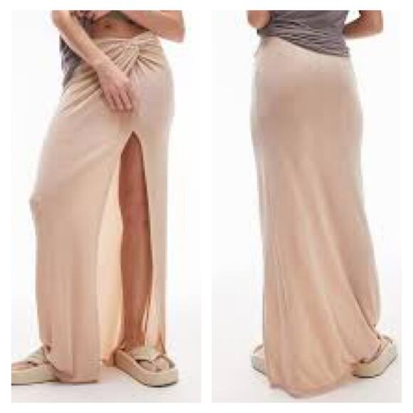 New TOPSHOP Slinky Twist Front Knot Maxi Skirt High Slit Stretch Women's Sz 8 - Picture 1 of 12